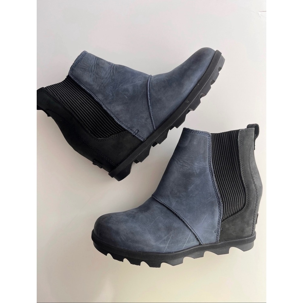 Sorel Joan of Arctic Wedge II Chelsea Boots Blue Black Leather Ankle Waterproof
